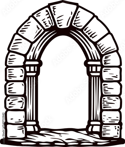 Vintage engraved stone archway with columns and cobblestone base, hand drawn illustration on white