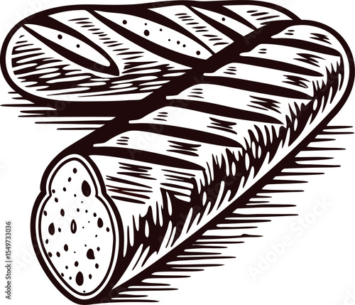 Hand drawn illustration of crusty artisan baguette loaf and bread slices vintage engraving
