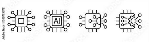 chip icon set. contain chipset of intelligence, processing power, machine learning, microchip evolution from core processors to AI intelligence thin line icon symbol sign. vector illustration