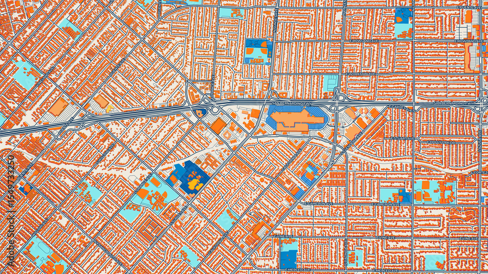 Obraz premium Colorful West Covina Street Map with Labels and Buildings