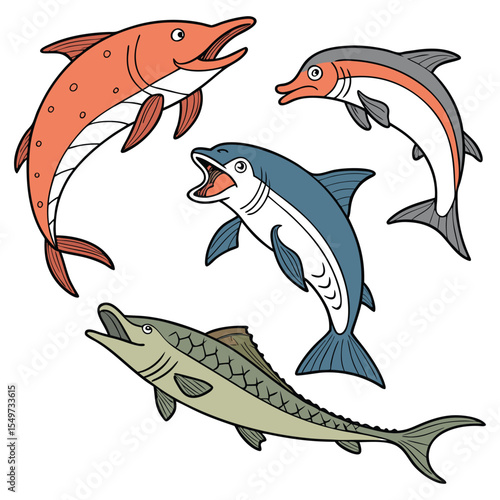 Dorado Fish in Fast Motion,salmon fish,Barracuda Fish Vintage,Yellowfin Tuna Fish,Cute Salmon animal Illustration vector design