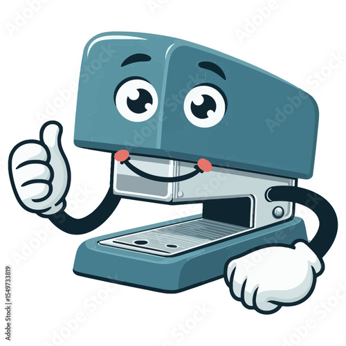 This playful, anthropomorphic stapler with a cheerful face giving a thumbs-up is perfect for websites and blogs related to office supplies, productivity, organization, or administrative tasks.

