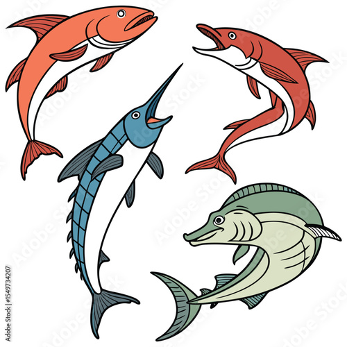 Dorado Fish in Fast Motion,salmon fish,Barracuda Fish Vintage,Yellowfin Tuna Fish,Cute Salmon animal Illustration vector design