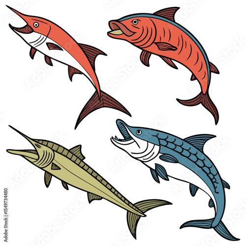 Dorado Fish in Fast Motion,salmon fish,Barracuda Fish Vintage,Yellowfin Tuna Fish,Cute Salmon animal Illustration vector design