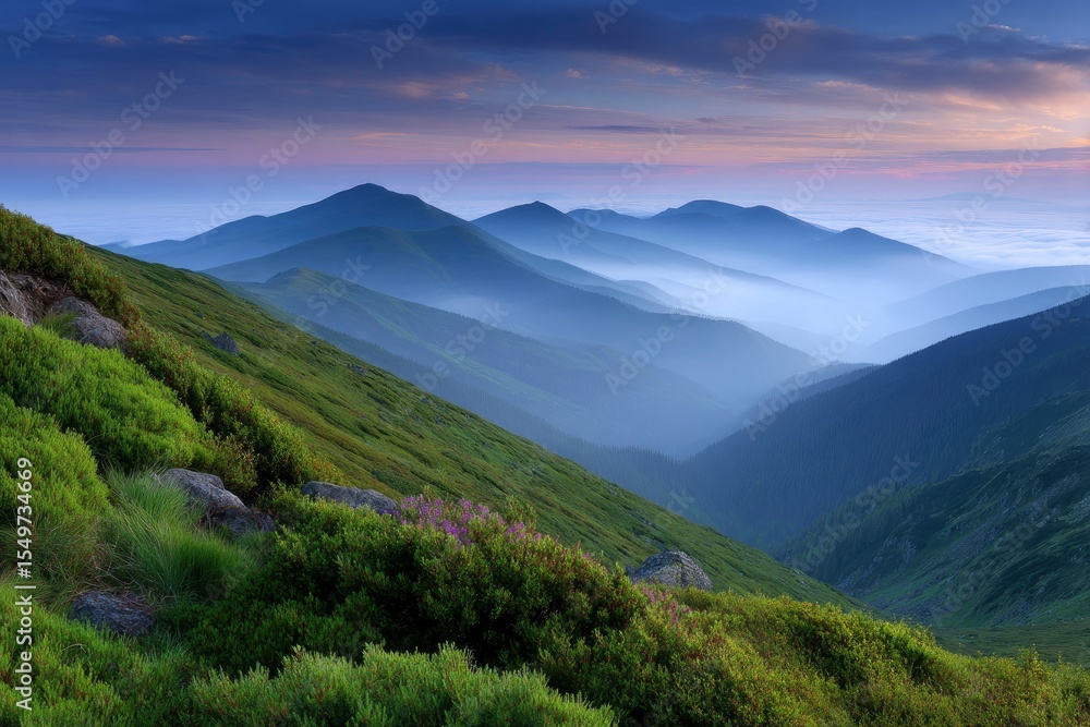 Obraz premium Misty mountain range landscape with green slopes distant peaks and a clouded valley under a colorful sky