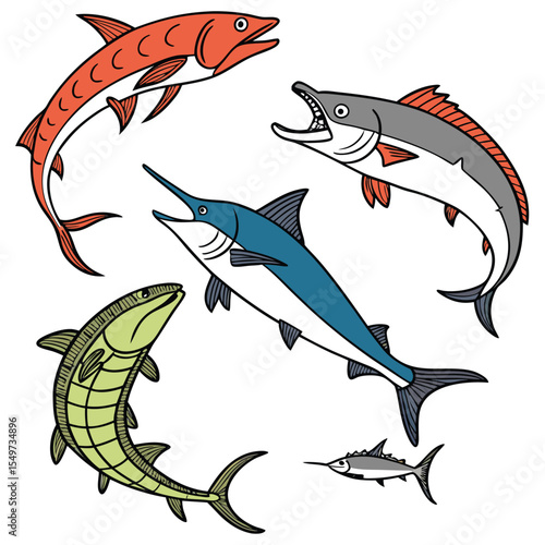 Dorado Fish in Fast Motion,salmon fish,Barracuda Fish Vintage,Yellowfin Tuna Fish,Cute Salmon animal Illustration vector design