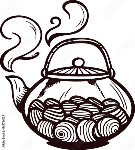 Steaming glass teapot filled with loose leaf tea leaves in hand drawn vintage engraving illustration