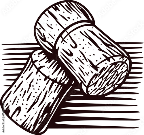 Hand drawn vintage cork stoppers illustration sketch wood texture wine corks in monochrome engraving