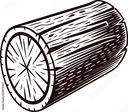 Engraved illustration of a wooden log cut section showing tree rings and textured bark isolated on white