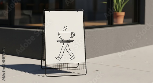 Wallpaper Mural Cafe Signage: Whimsical Coffee Cup Walking on Sidewalk, Sunny Day Torontodigital.ca