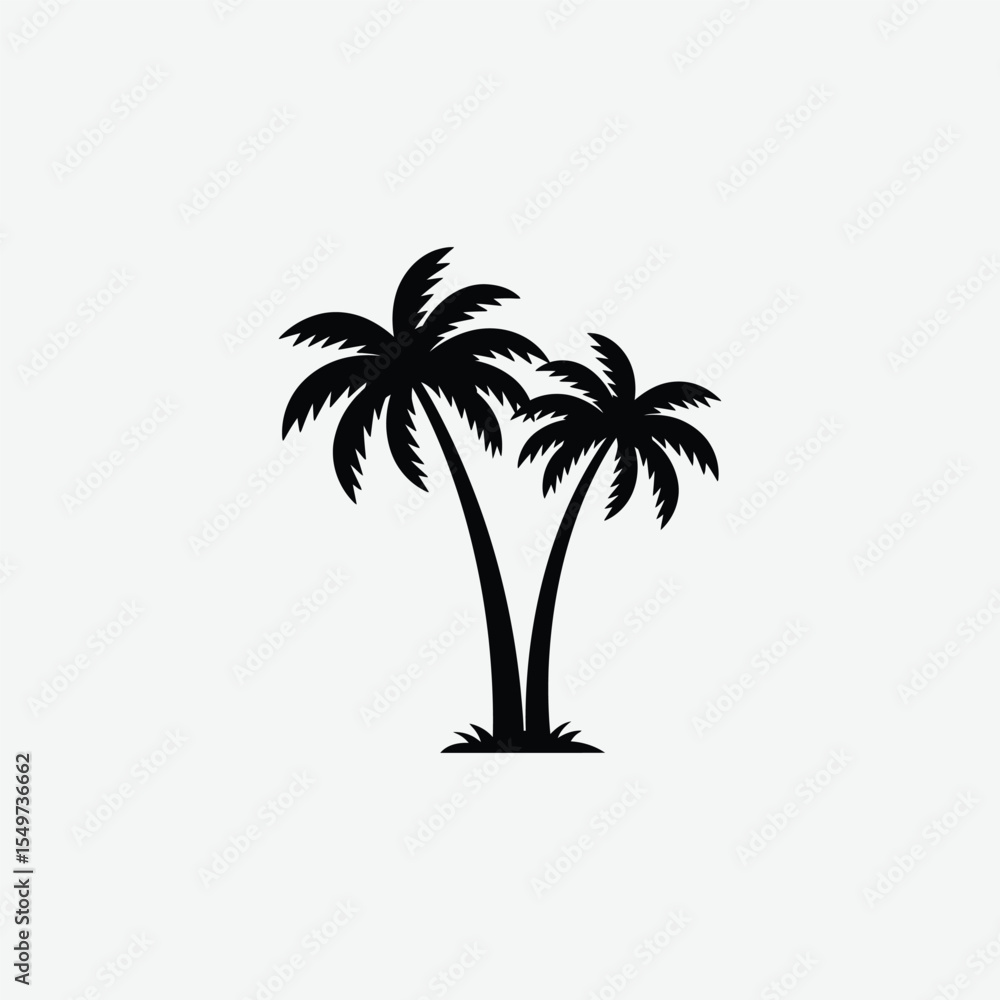 Fototapeta premium A clean black palm tree silhouette illustration with two stylized tropical trees on a white background. Perfect for summer, beach, or tropical-themed design projects.