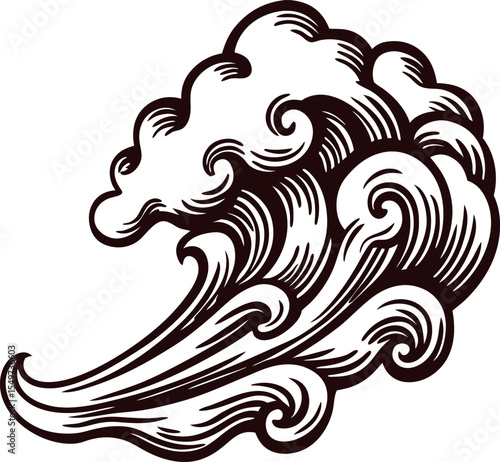 Hand drawn vintage ocean wave illustration with curling crest and swirling lines, isolated on white background