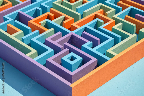 A vibrant, abstract 3D maze composed of interlocking geometric shapes in bold colors