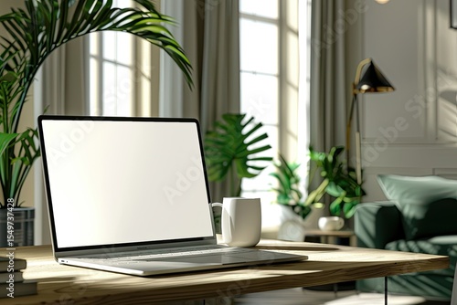 A White Screen Laptop Computer Mockup on a Wooden Table in a Contemporary Cosy Coffee Shop Ai