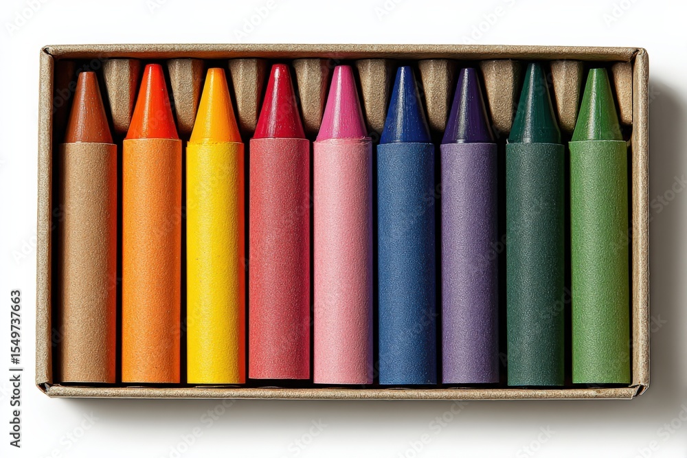 Naklejka premium Set of Eight Vibrant Pastel Chalks in a Recycled Cardboard Box with Detailed Textures and Bright Colors for Art, Design, and Craft Projects