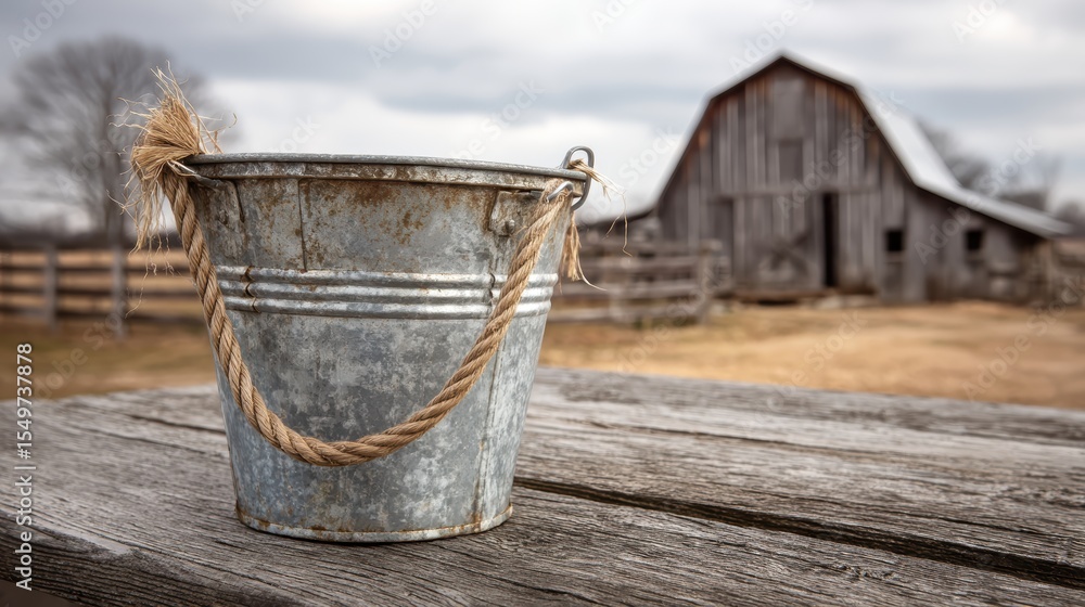 Rustic metal pail in galvanized silver with rope handle on a softly blurred farmhouse barn backdrop Rustic metal pail in galvanized silver with rope handle on a softly blurred farmhouse barn backdrop