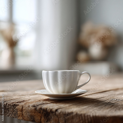 Wallpaper Mural Elegant still life. White teacup on a rustic wooden table. Warm light, calming mood. Perfect for lifestyle, blog, or mindful living concepts. Torontodigital.ca