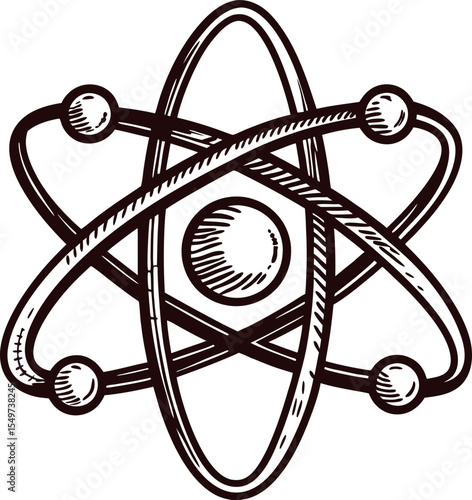 Hand drawn atomic model with orbiting electrons vintage engraved sketch illustration of atom structure with nucleus