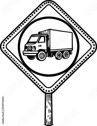 Hand drawn delivery truck sign vintage sketch illustration of cargo vehicle warning symbol on isolated white background