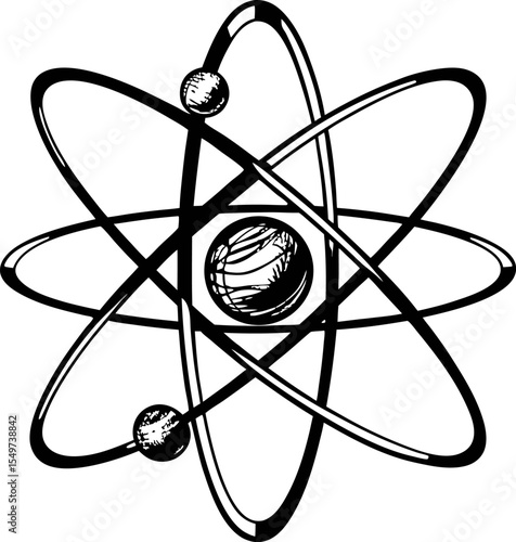 Hand drawn atomic model with electrons orbiting nucleus vintage black and white scientific illustration
