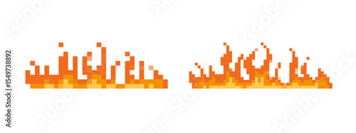 Vibrant pixel art flames appear dynamic in bright orange and yellow, mimicking retro-style graphics.