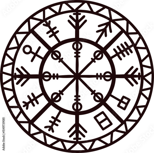 Nordic black vegvisir compass symbol with runes in circular border intricate ancient viking design