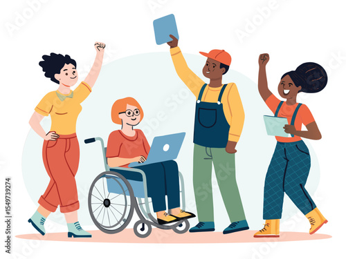 Illustration of diverse characters — different skin tones, abilities (wheelchair, prosthetic, etc.), and genders — working or celebrating together.