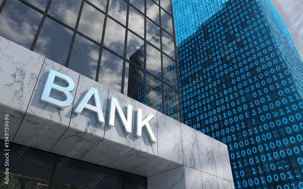 Obraz premium Modern Bank Building Facade with Digital Binary Code Representing Fintech