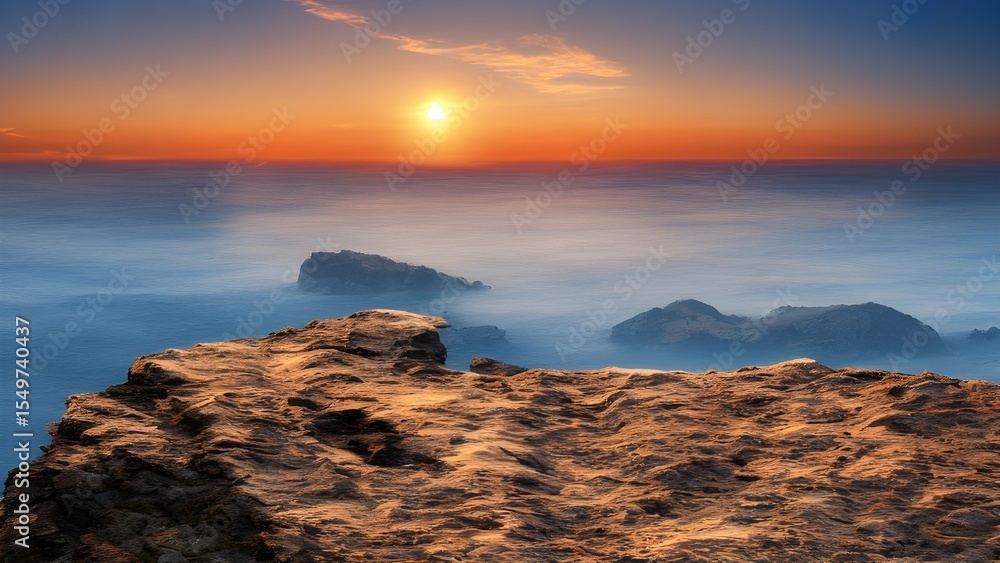 Obraz premium Beautiful sunset over the ocean, casting orange and blue hues across the sky and water, seen from a rocky beach