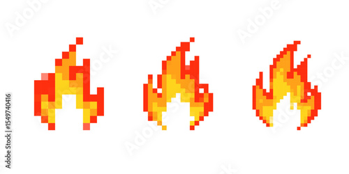 Pixel art of three fiery flames, each showing vibrant colors in classic 8 bit game style.