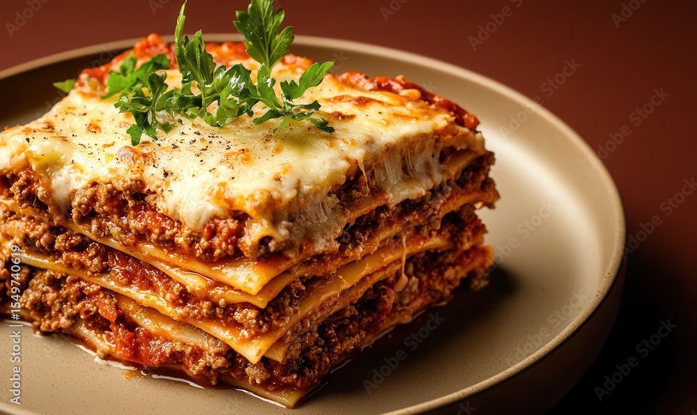 Delicious layers of pasta, meat sauce, and cheese create a comforting Italian lasagna on a smooth plate against a muted backdrop Delicious layers of pasta, meat sauce, and cheese create a comforting Italian lasagna on a smooth plate against a muted backdrop