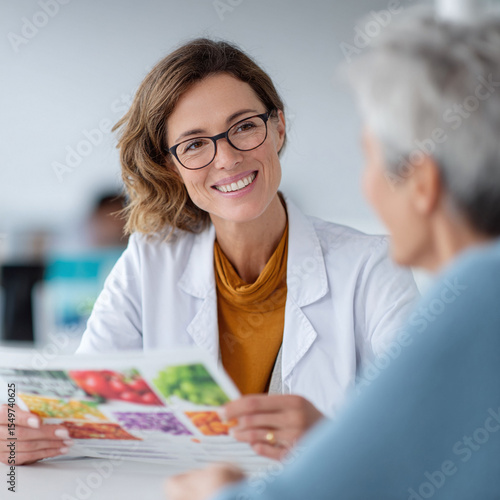 Friendly dietitian consulting with a senior woman, discussing healthy eating and nutrition. Illustrates wellness, care, and personalized advice for healthy living.