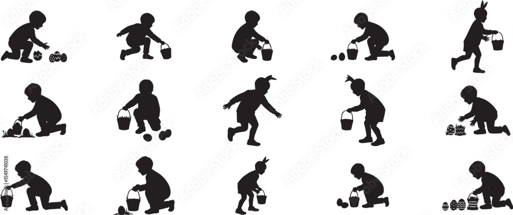 Fototapeta premium Easter egg hunt silhouettes of children enjoying the holiday activity vector illustration design 100
