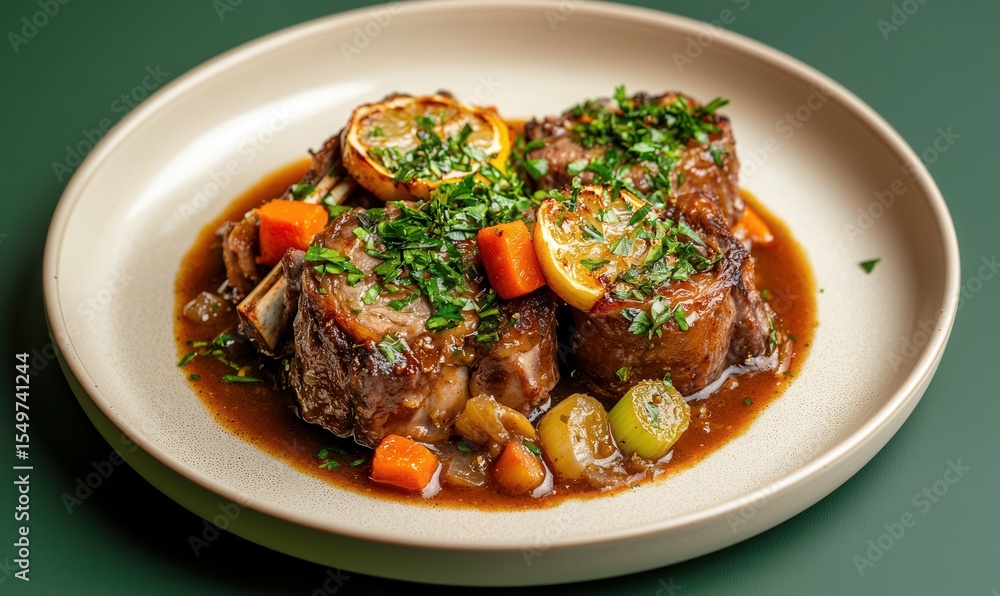 Delicious osso buco slow-cooked veal shanks with broth and vegetables garnished with gremolata on an elegant plate Delicious osso buco slow-cooked veal shanks with broth and vegetables garnished with gremolata on an elegant plate