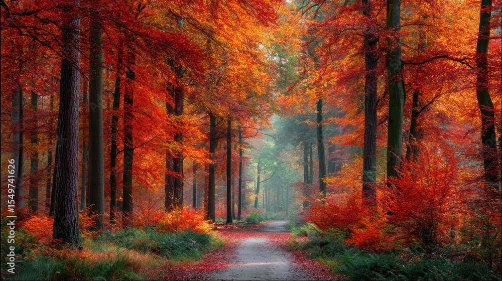 Fototapeta premium Vibrant autumn forest pathway covered in red and orange leaves