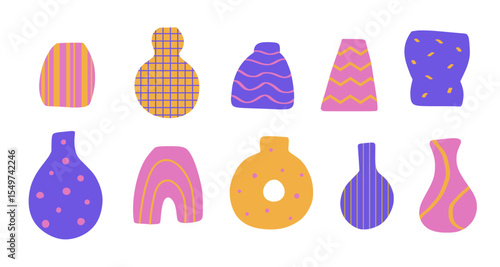 Colorful hand drawn abstract vases of different shapes in flat style. Hand drawn tableware decor element collection. Bright cut-out elements