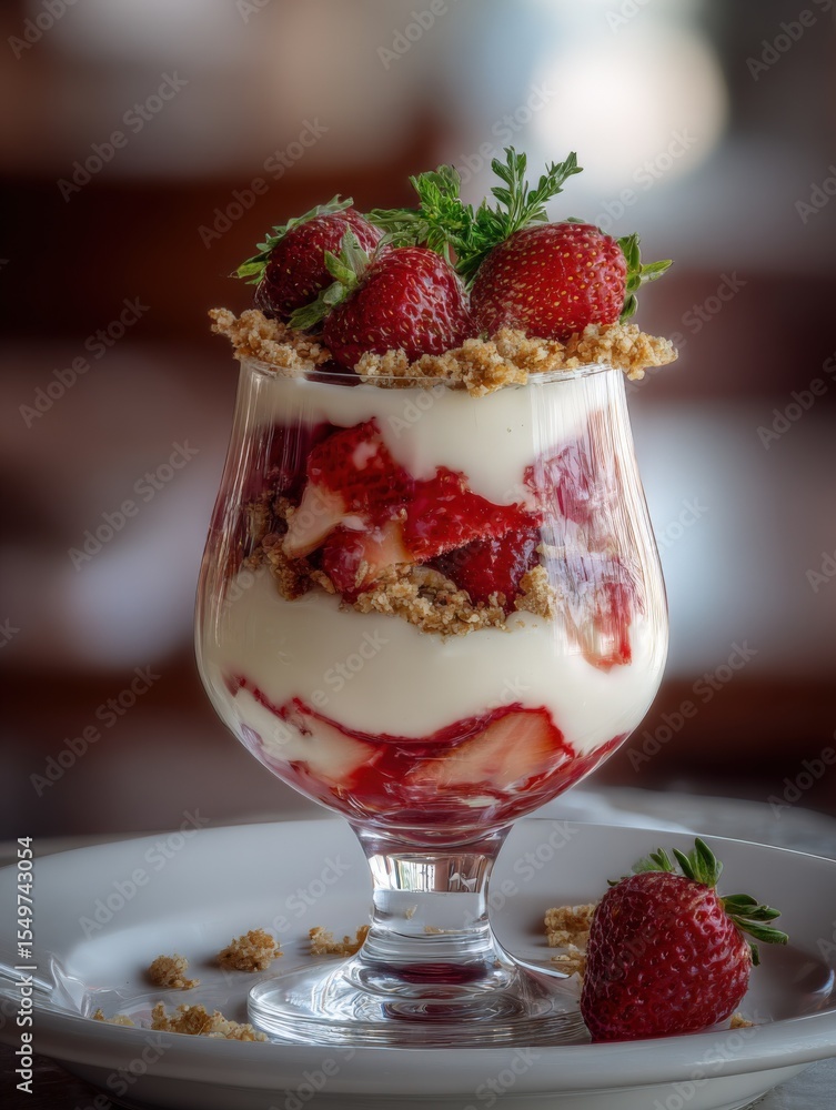 Close-up of a decadent layered strawberry dessert in a glass with whipped cream granola and fresh strawberries garnished with mint on a dark background Close-up of a decadent layered strawberry dessert in a glass with whipped cream granola and fresh strawberries garnished with mint on a dark background