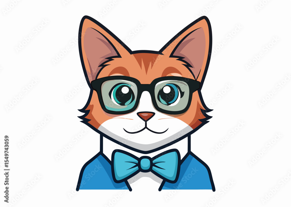 Obraz premium Cat Sphinx. Portrait of a green-eyed Sphinx Cat hipster in the monocle with gold rim and chain, and black bowtie vector cartoon illustration