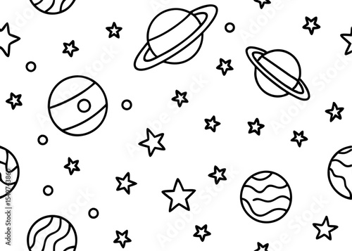Space monochrome seamless pattern with astronaut cosmic objects manned ships satellite on starry sky background