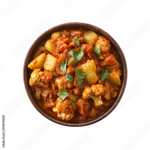Aloo Gobi Indian Curry in Wooden Bowl, Overhead View
