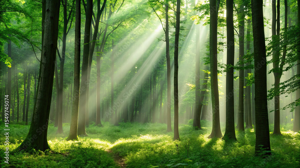 Fototapeta premium Serene forest scene with sunlight streaming through tall trees, illuminating lush green foliage and creating peaceful atmosphere