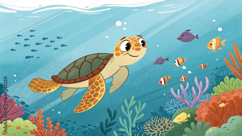 Fototapeta premium Happy Sea Turtle Swimming – Cute Ocean Wildlife