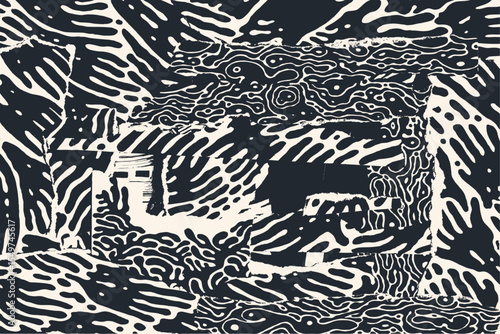 Abstract vector collage of layered monochrome patterns. Hand-drawn organic textures, wavy lines, and digital glitch elements create a dynamic, modern design.