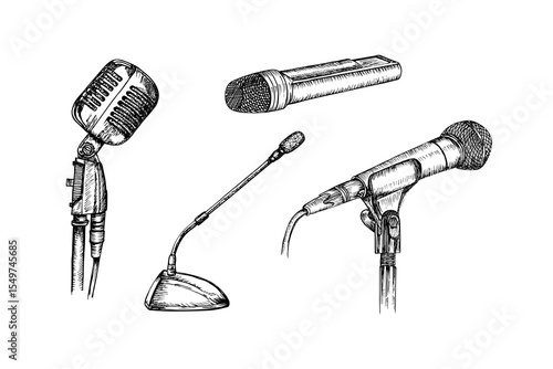A collection of microphones, sketch illustrations in engraving style. Hand drawn outline drawings. Vector cliparts of a mic. Concert, podcast, presentation concept, isolated