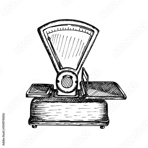 Store, market scales sketch illustration. Hand drawn vector clipart of scales, weights, measuring instrument. Outline drawing in engraving style - store, market, shop concept, isolated