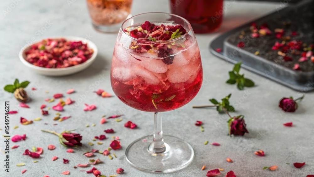 A refreshing rose-infused pink cocktail served in a glass with ice, garnished with rose petals and surrounded by scattered dried petals and herbs. A refreshing rose-infused pink cocktail served in a glass with ice, garnished with rose petals and surrounded by scattered dried petals and herbs.