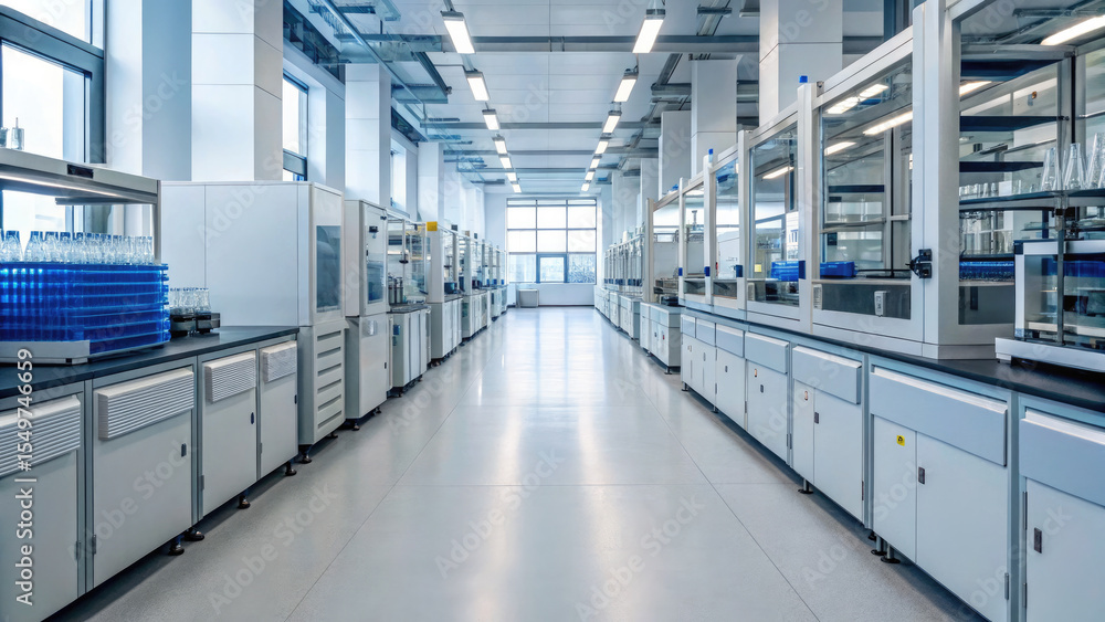 Fototapeta premium Modern, spacious laboratory with advanced equipment, clean surfaces, and bright lighting, designed for scientific research and experiments