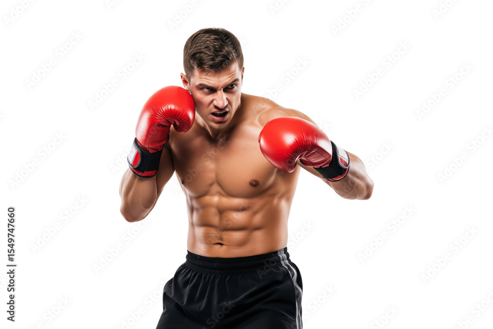 Strong male boxer with red gloves posing in fighting stance Strong male boxer with red gloves posing in fighting stance