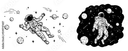 astronaut in outer space vector line art