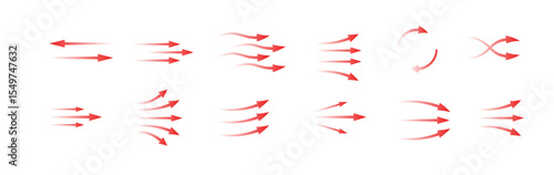 Collection of red arrows displays fluid motion and direction with different flow styles and shapes.